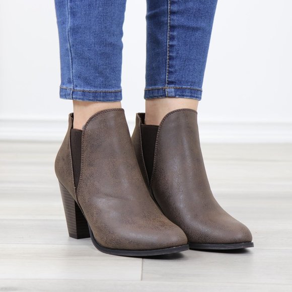 Chelsea Cone High Heel Ankle Boots Brown Synthetic Leather Pointed Toe - Picture 2 of 14